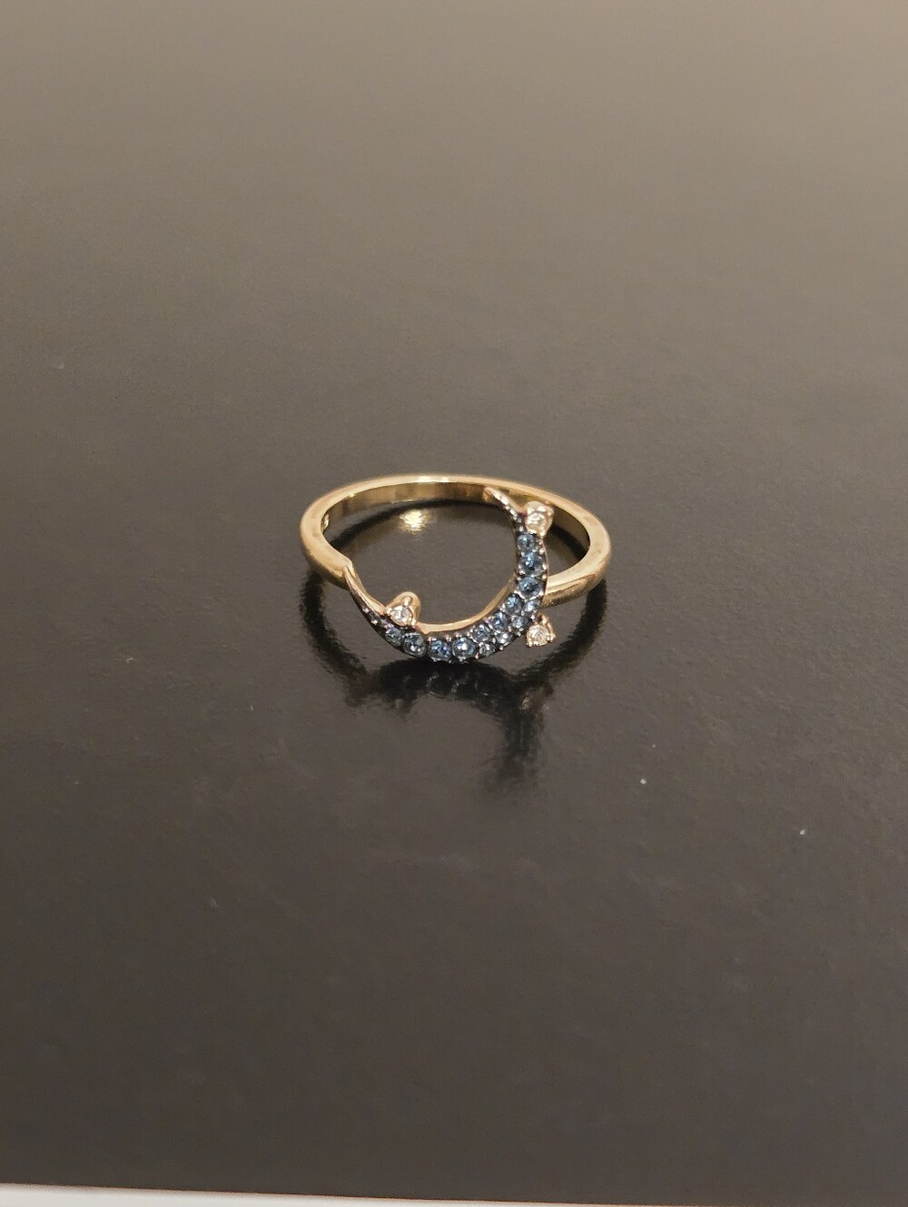 Swarovski Gold Crescent Moon Ring with Blue Stones - Women Jewelry